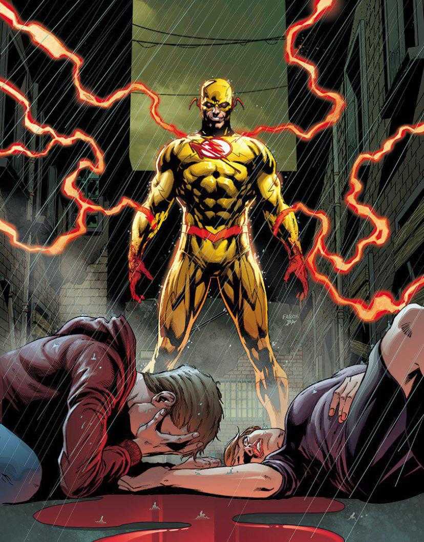 a comic book cover of a man with a yellow suit and red lightning