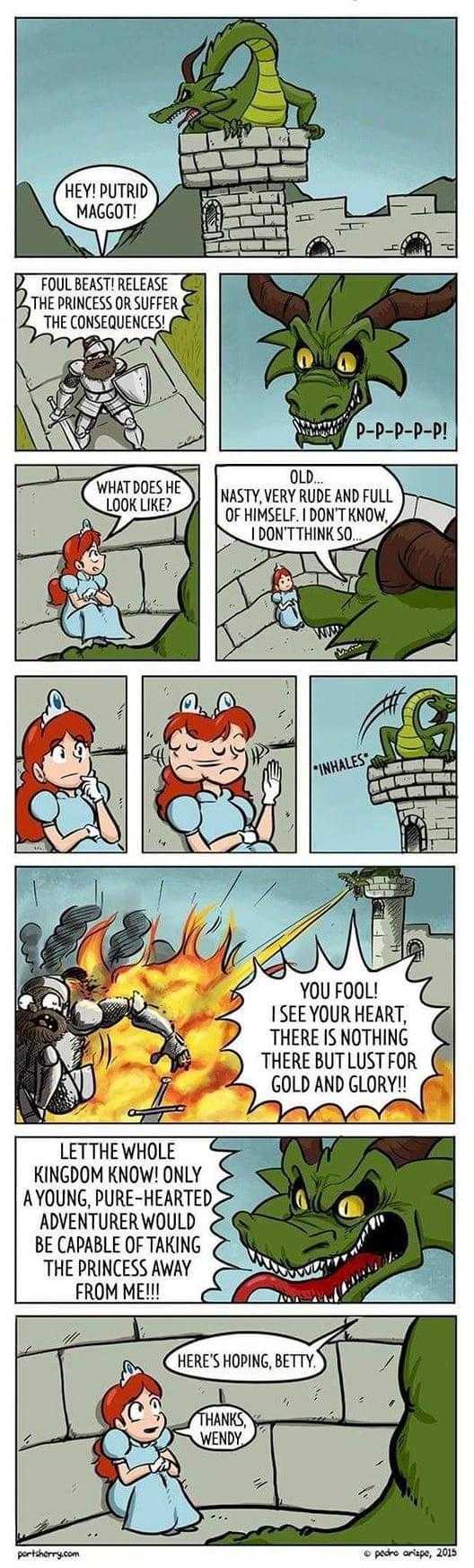 a comic strip with a dragon and a girl in a red dress