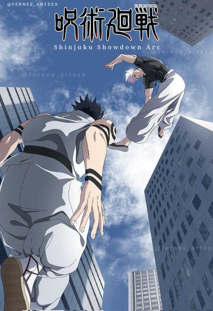 anime poster of a man jumping over a building in the air