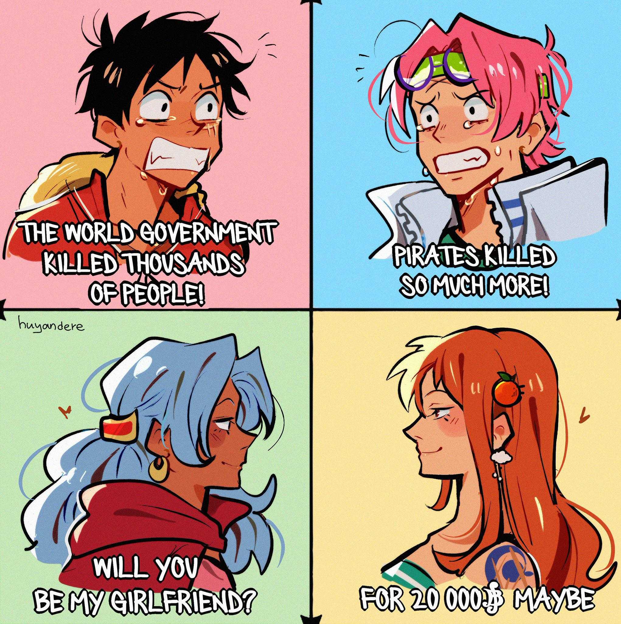 cartoon of four different types of anime characters with caption