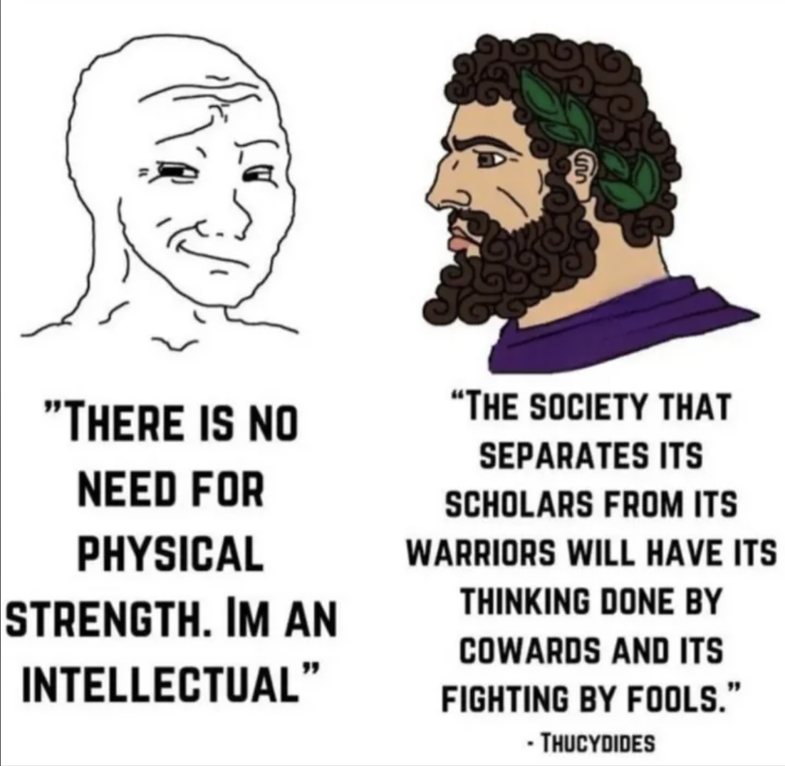 a cartoon of a man with a beard and a quote that says, there is no need for physical warriors