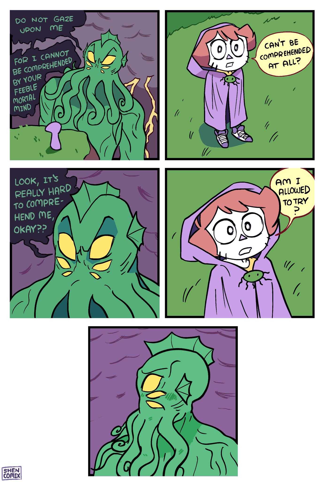 a cartoon comic strip with a picture of a green monster and a man in a purple robe