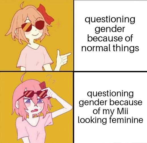 cartoon meme of a woman with glasses and a pink shirt with the caption saying, questioning gender because