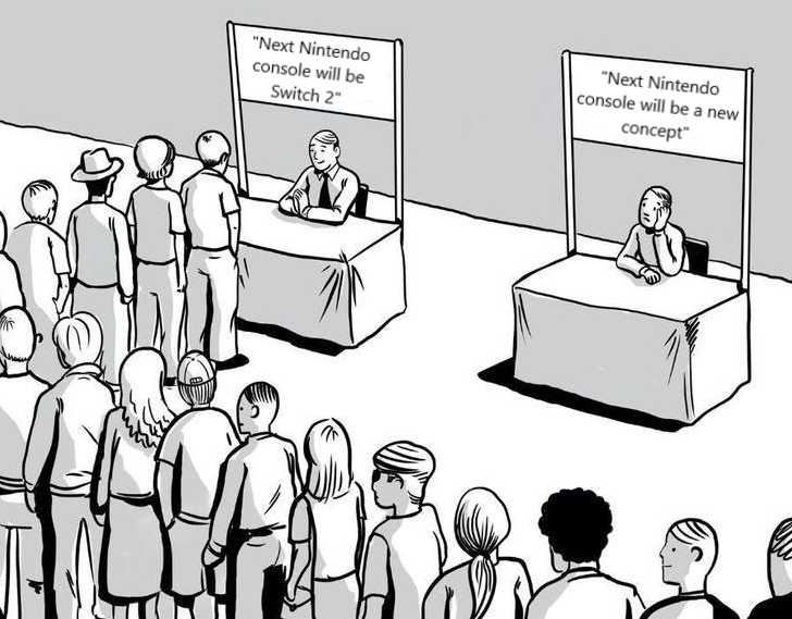 cartoon of a crowd of people standing around a table with a sign