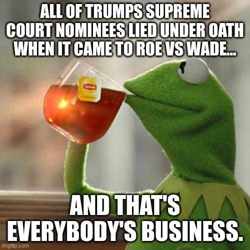 kermile the frog drinking tea all of trumps supreme court nominees lie under oath, and that ' s everybody ' s business