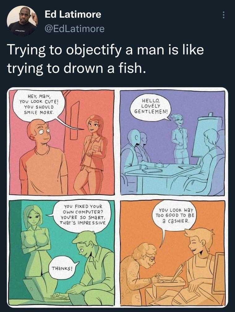 a cartoon of a man is trying to objectify a man like trying to drown a fish