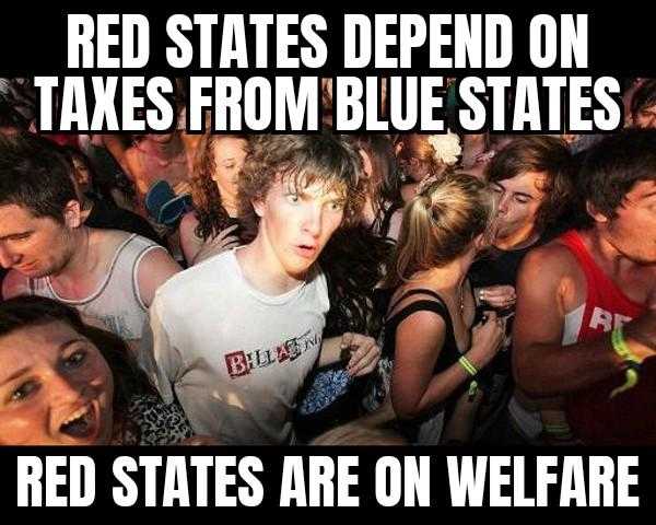 a crowd of people standing in a field with a caption saying red states depend on taxes from blue states