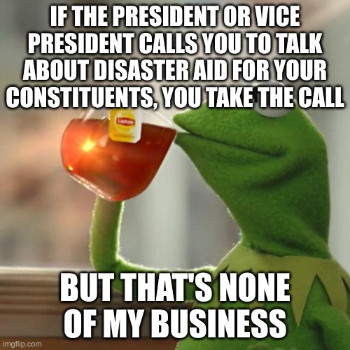 kermile the frog drinking tea saying if the president or vice president calls you to talk about disaster and