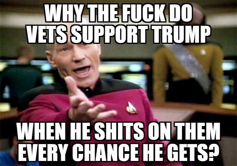 a man in a red shirt pointing at something with a caption saying why the fuck do vets support