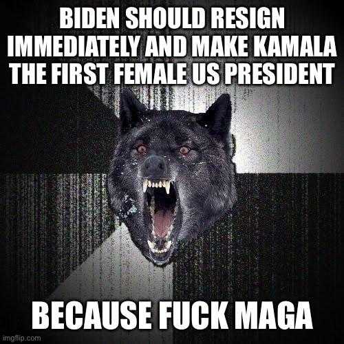 a wolf with its mouth open and its mouth wide open, saying, biden should resign immediately and make