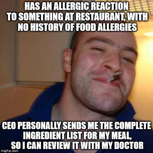 a man with a cigarette in his mouth has an allergic reaction to something at resturant with no history of food allergies