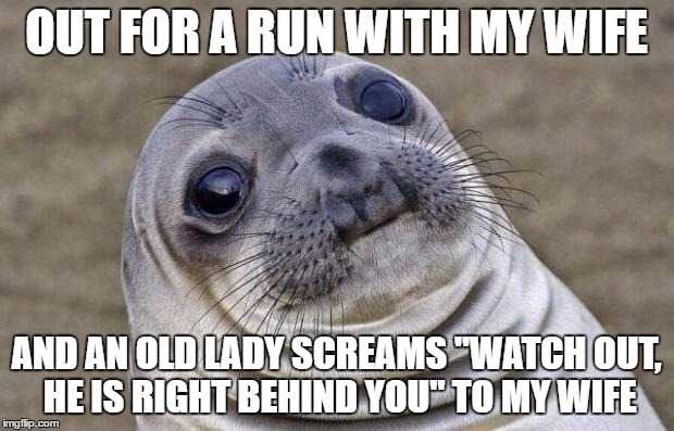 a close up of a sealion with a caption saying, out for a run with my wife and