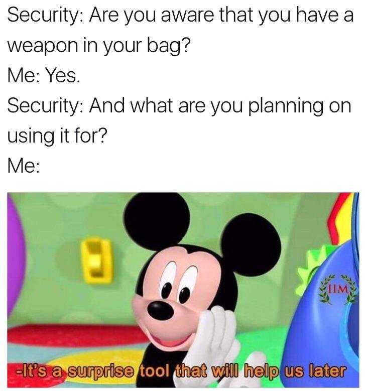 mickey mouse is pointing at a gun with a caption that says security are you aware that you have a weapon in your bag?