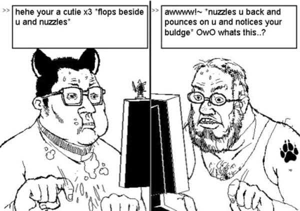 cartoon of two men with a computer and a cat