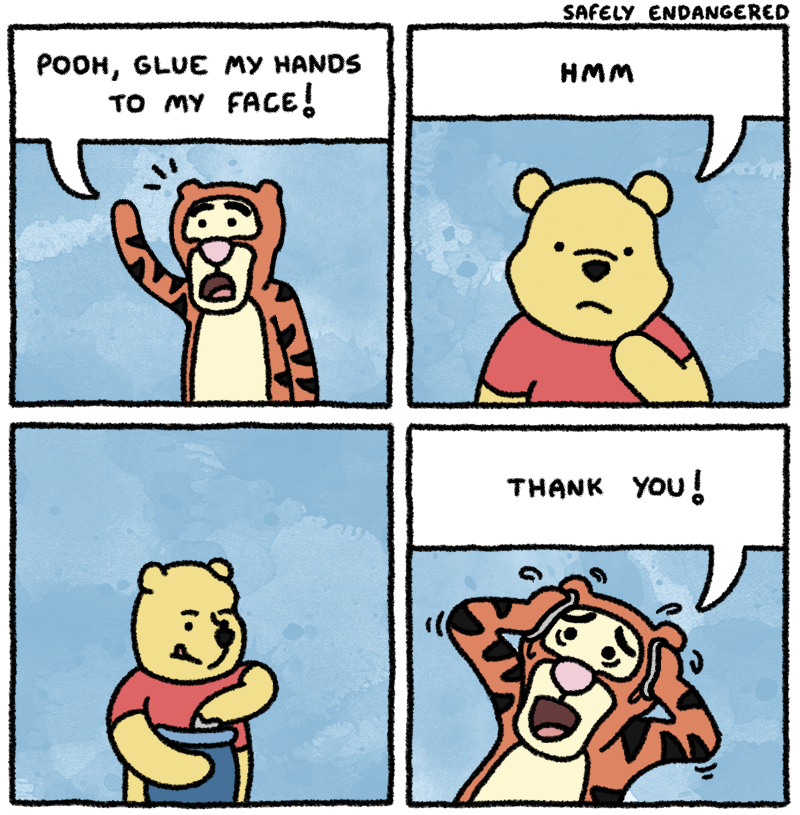 cartoon of winnie the pooh talking to a man about his face