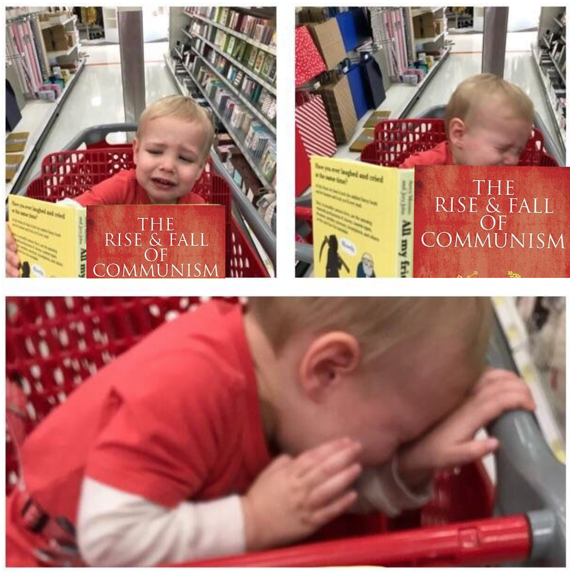 there are four pictures of a baby in a shopping cart