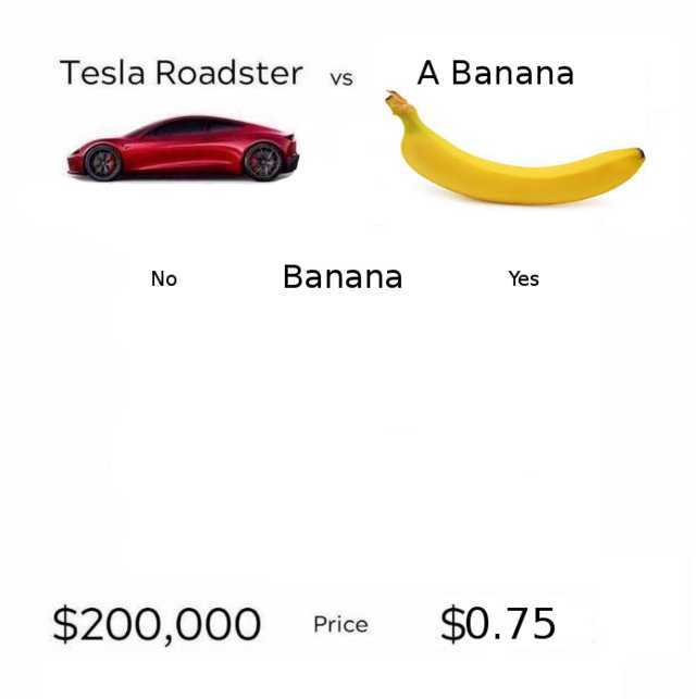 a picture taken from a tesla ad showing a banana and a car