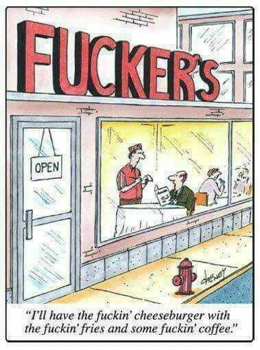 cartoon of a man in a restaurant with a sign saying fuckers