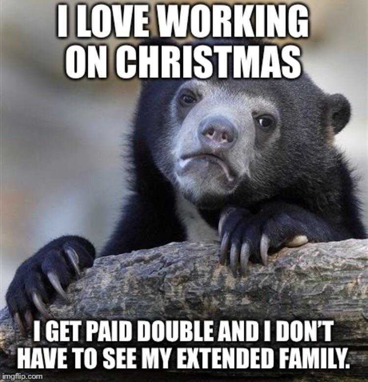 a bear is sitting on a log with a caption saying i love working on christmas i get paid double and don ' t have to see my extended family