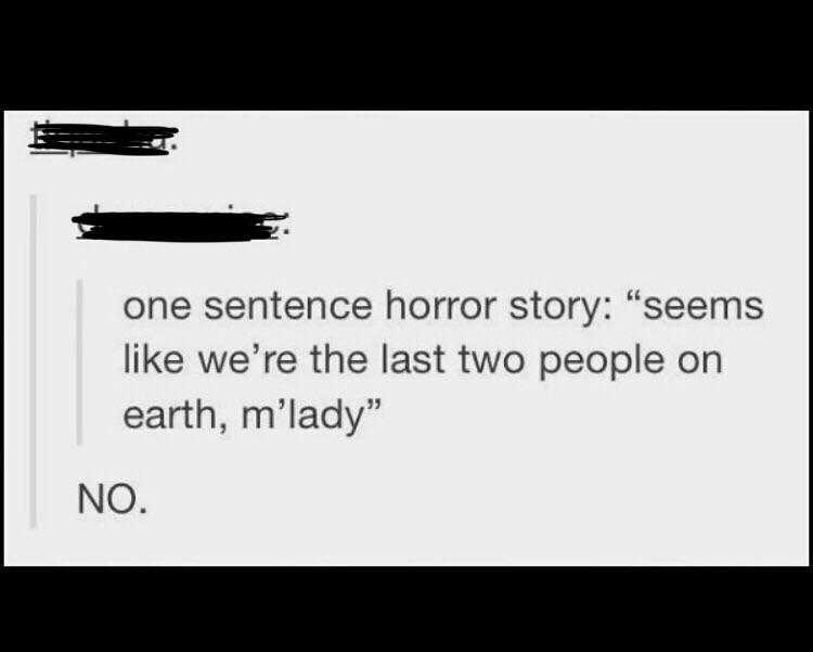 a black and white photo of a text that reads one sentence horror story seems like we ' re the last to people on earth, i ' m lady