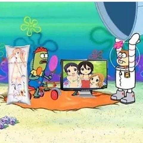 cartoon characters are watching a television show on a sandy beach