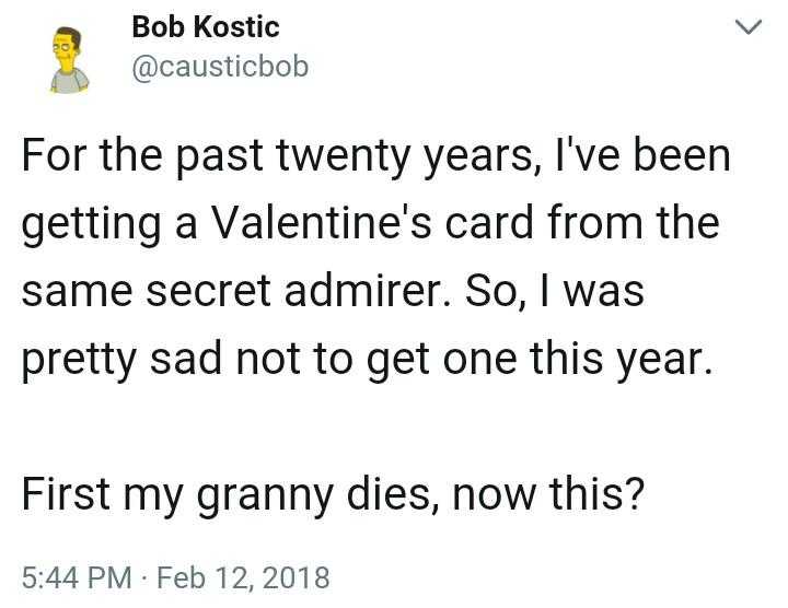 a tweet message from a man about the first time he was getting a valentine card from the same