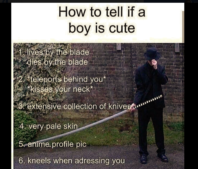 there is a man holding a sword and a sign that says how to tell if a boy is cute