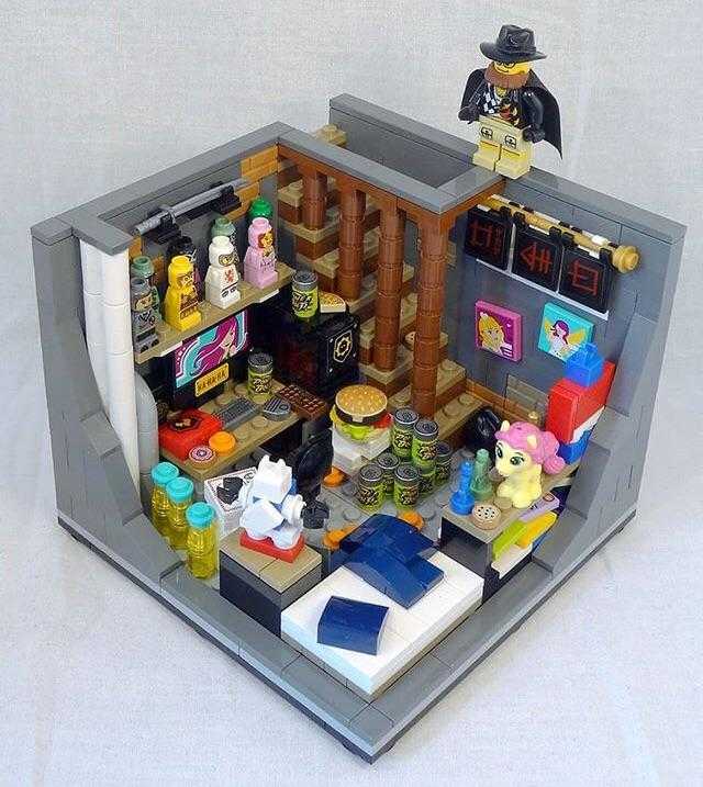 lego model of a small room with a kitchen and a bar