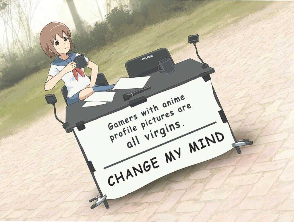 anime character sitting at a desk with a sign that says change my mind