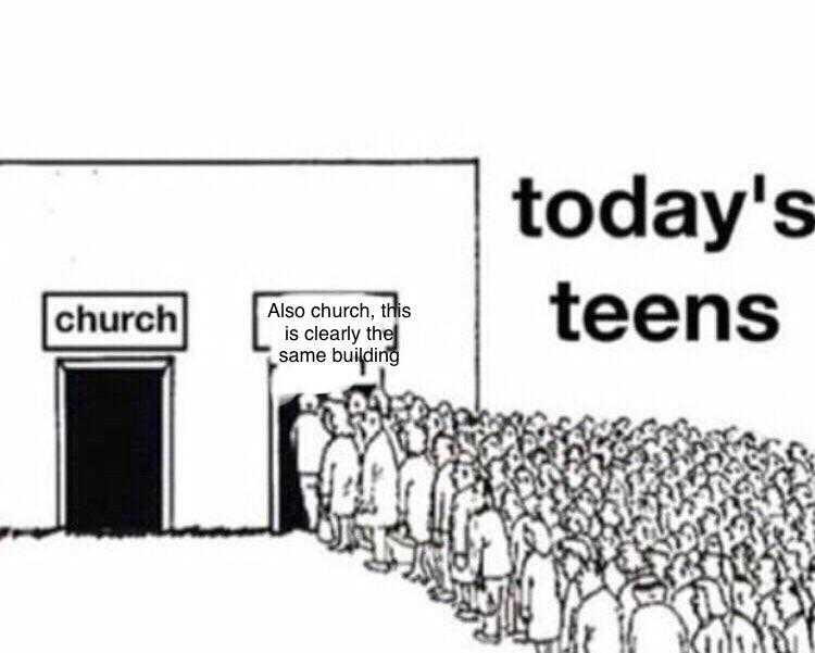 a cartoon of a crowd of people standing in front of a church