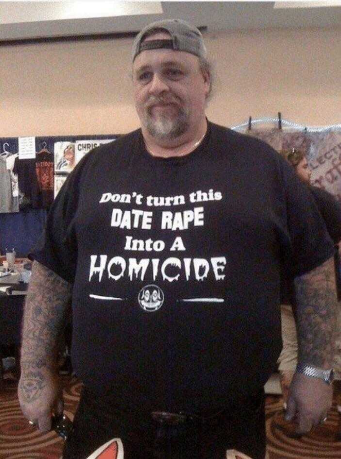 man in a black shirt with a don ' t turn this date rape homicide t - shirt