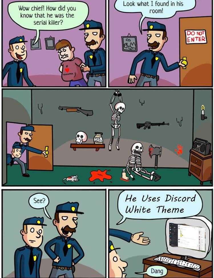 a cartoon of a cop and a skeleton in a room