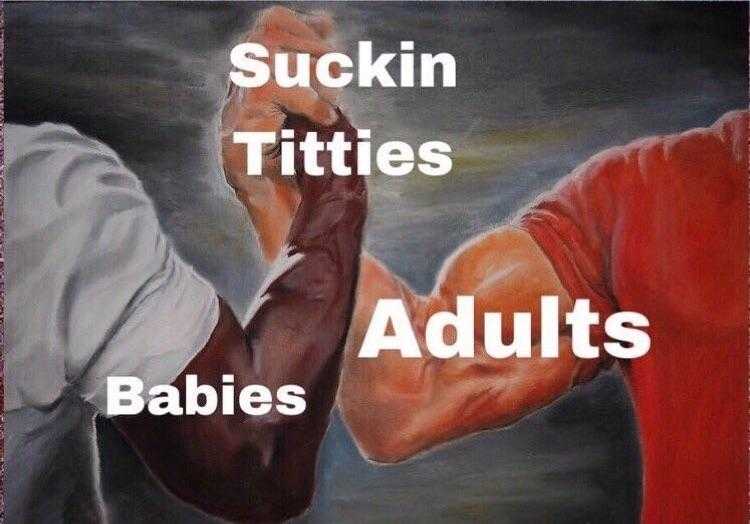 painting of a man and woman holding hands with the words suckin titties adults