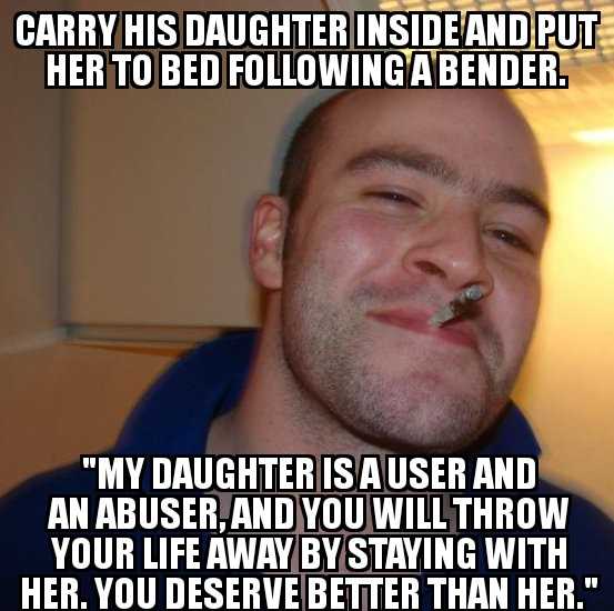 a man with a cigarette in his mouth and a caption that says carry his daughter inside and put her