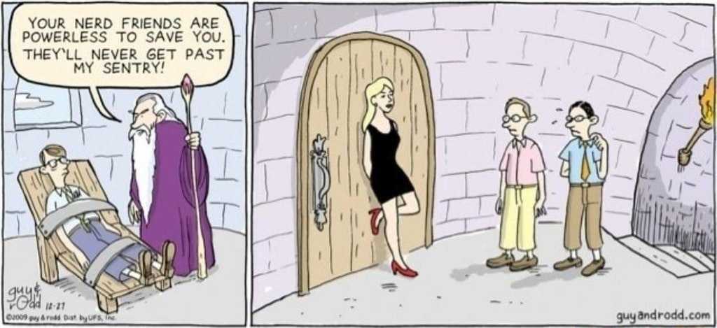 a cartoon of a woman in a black dress is standing in front of a door