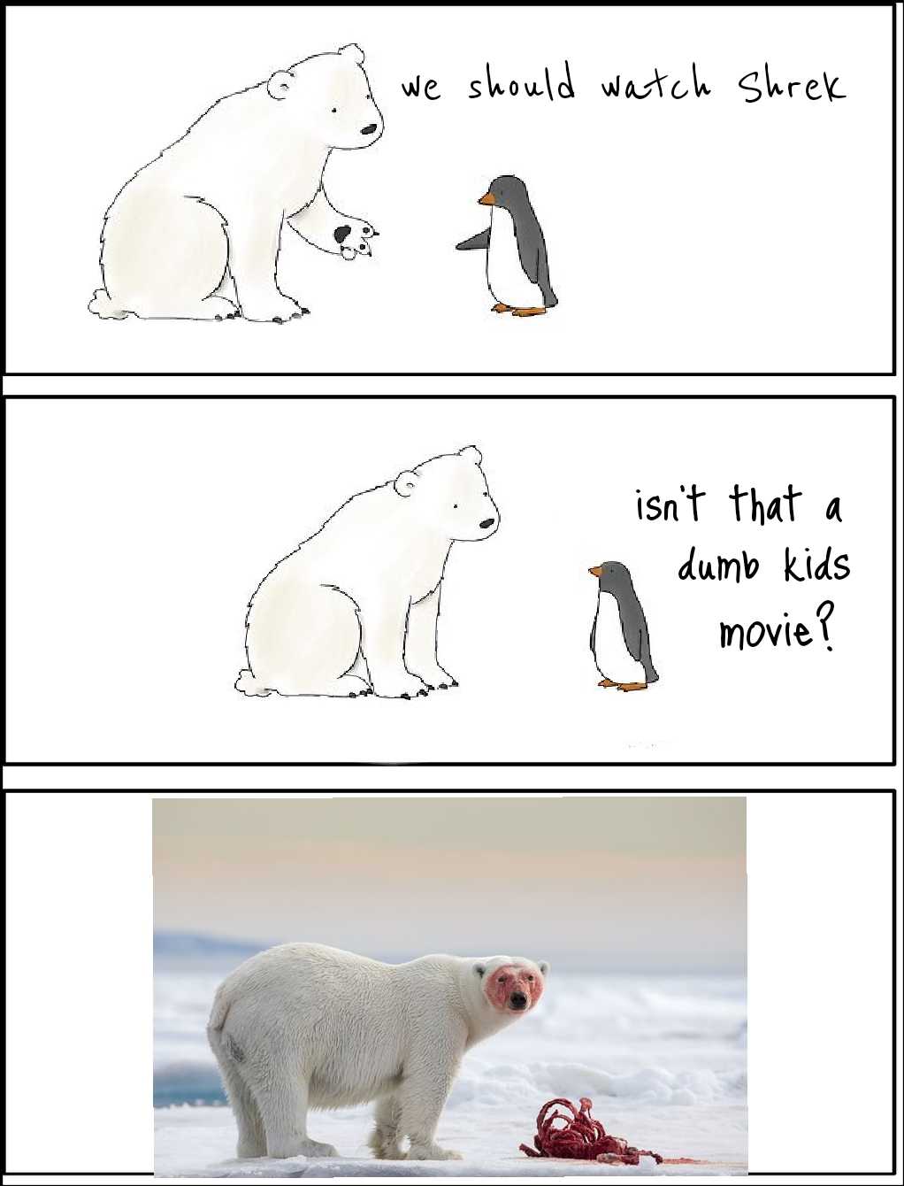 there are three pictures of a polar bear and a penguin