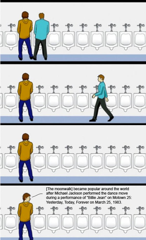 a cartoon of a man walking through a bathroom with a toilet