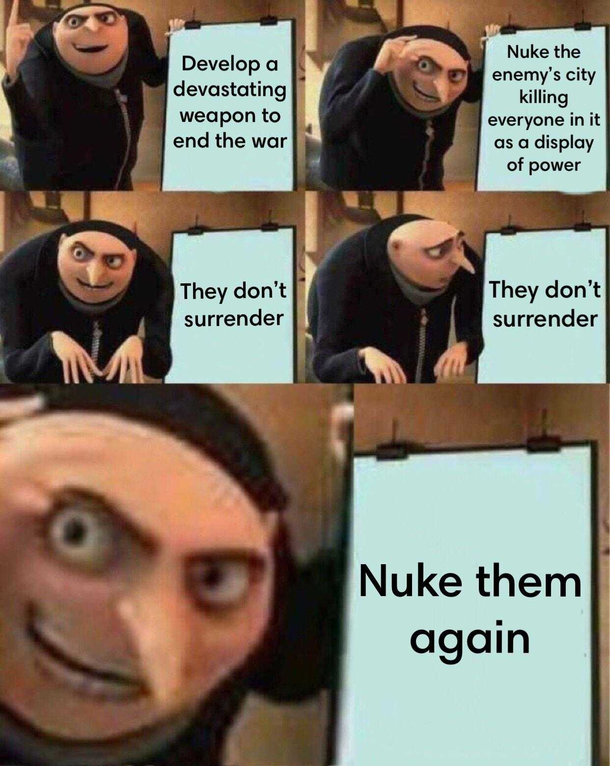 a cartoon picture of a man with a sign that says nuke them again