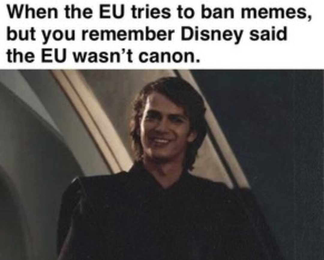 image of a man in a black shirt with a caption saying, when the eu tries to ban memes, but you remember disney said the eu wasn ' t