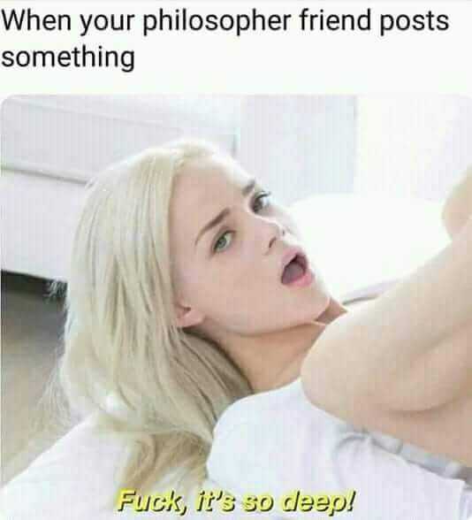 woman laying on a bed with a caption that reads, when your philosopher friend posts something