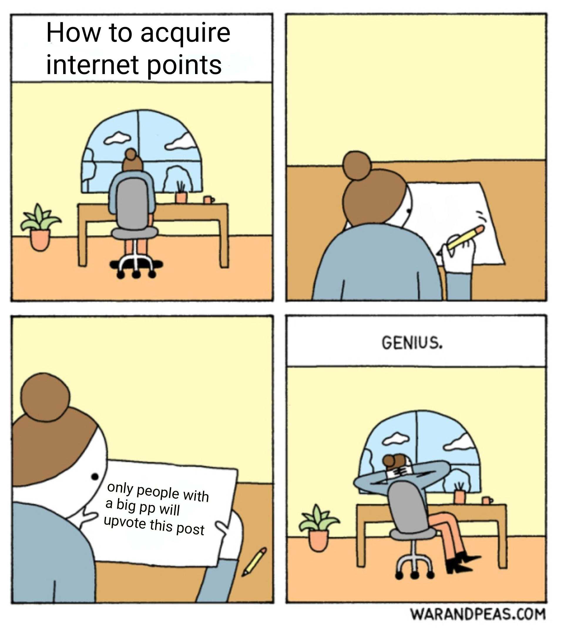 a cartoon of a man sitting at a desk with a computer and a sign