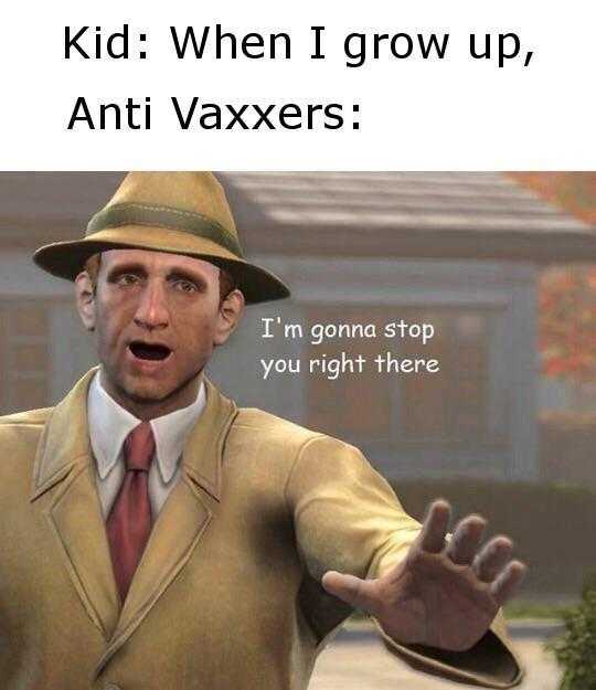 man in a suit and hat with his hands out and a caption that reads, kid when i grow up, anti vaxers