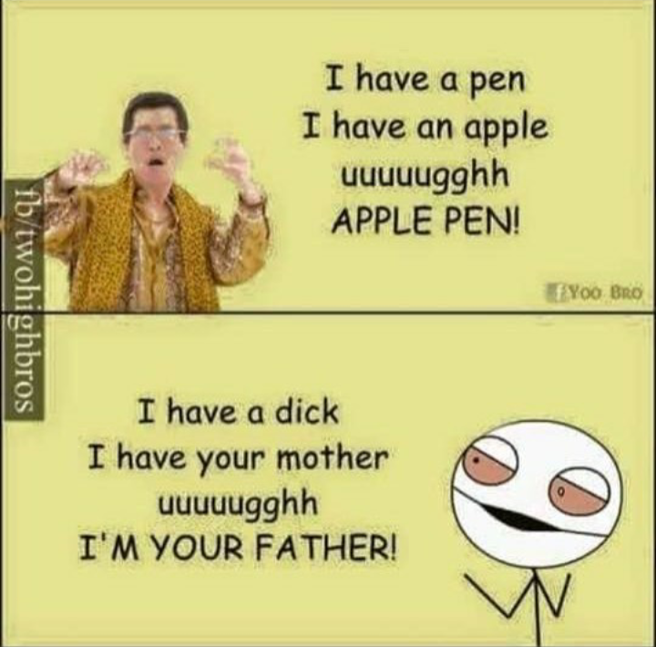 a cartoon picture of a man with a funny face and a caption that says i have a pen i