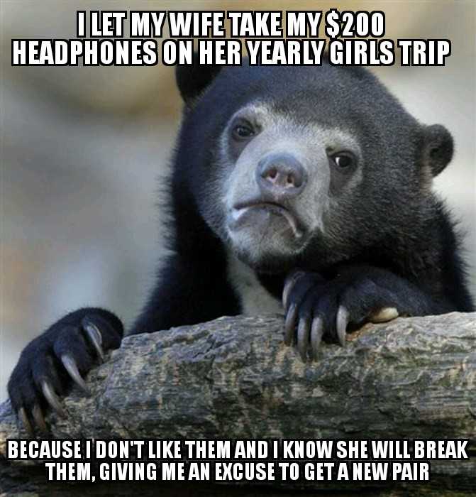 a bear is sitting on a log with a caption saying, let my wife take my $ 20 head