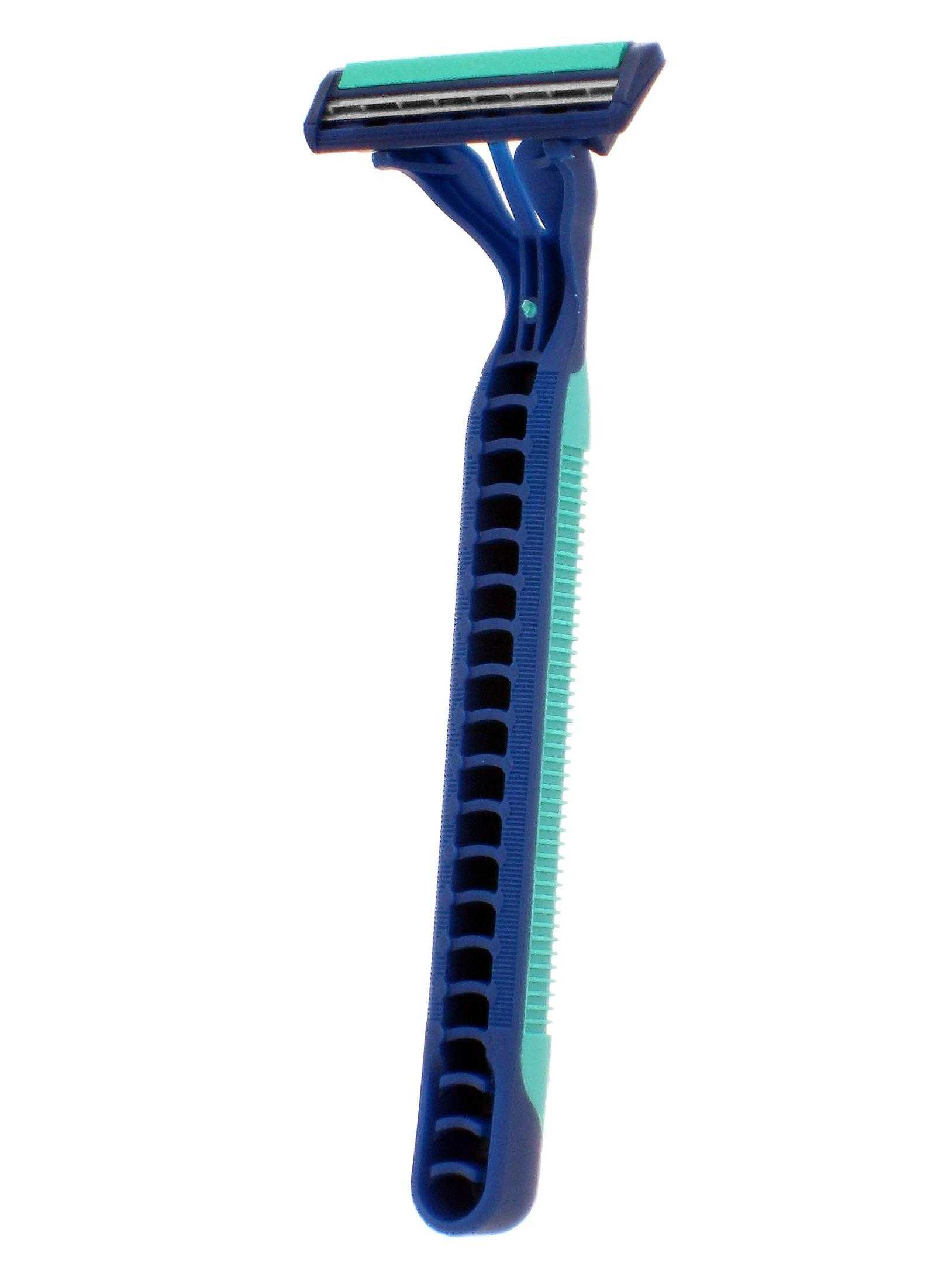 a close up of a razor on a white background with a blue handle