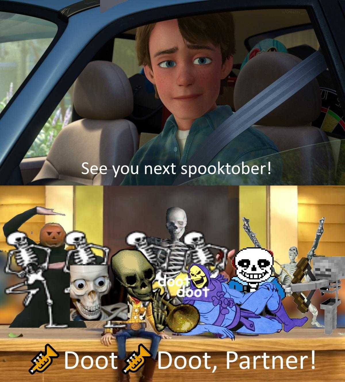 a cartoon picture of a kid in a car with skeletons on the front