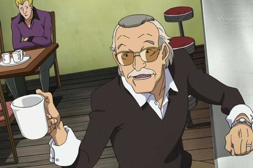 anime image of a man in a suit and glasses holding a coffee mug