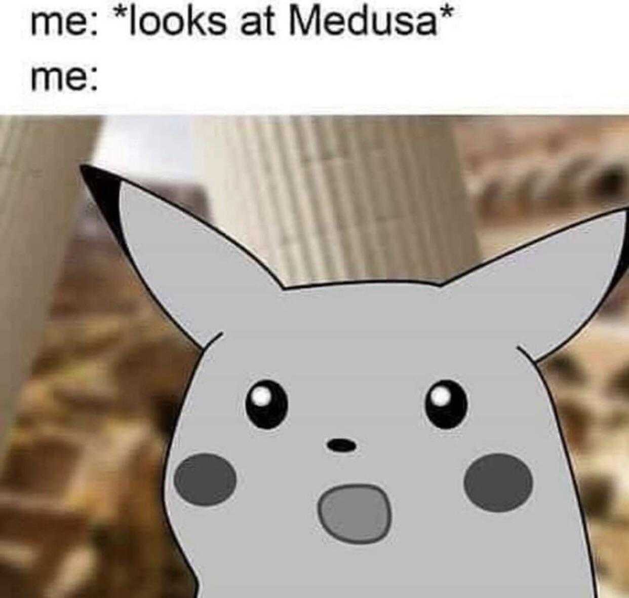 a cartoon of a pikachu with a caption saying, me looks at medusa