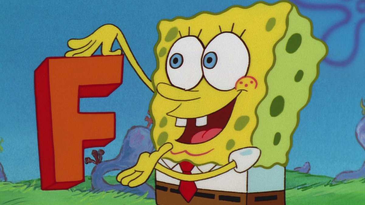 spongebob holding up the letter f with his hand