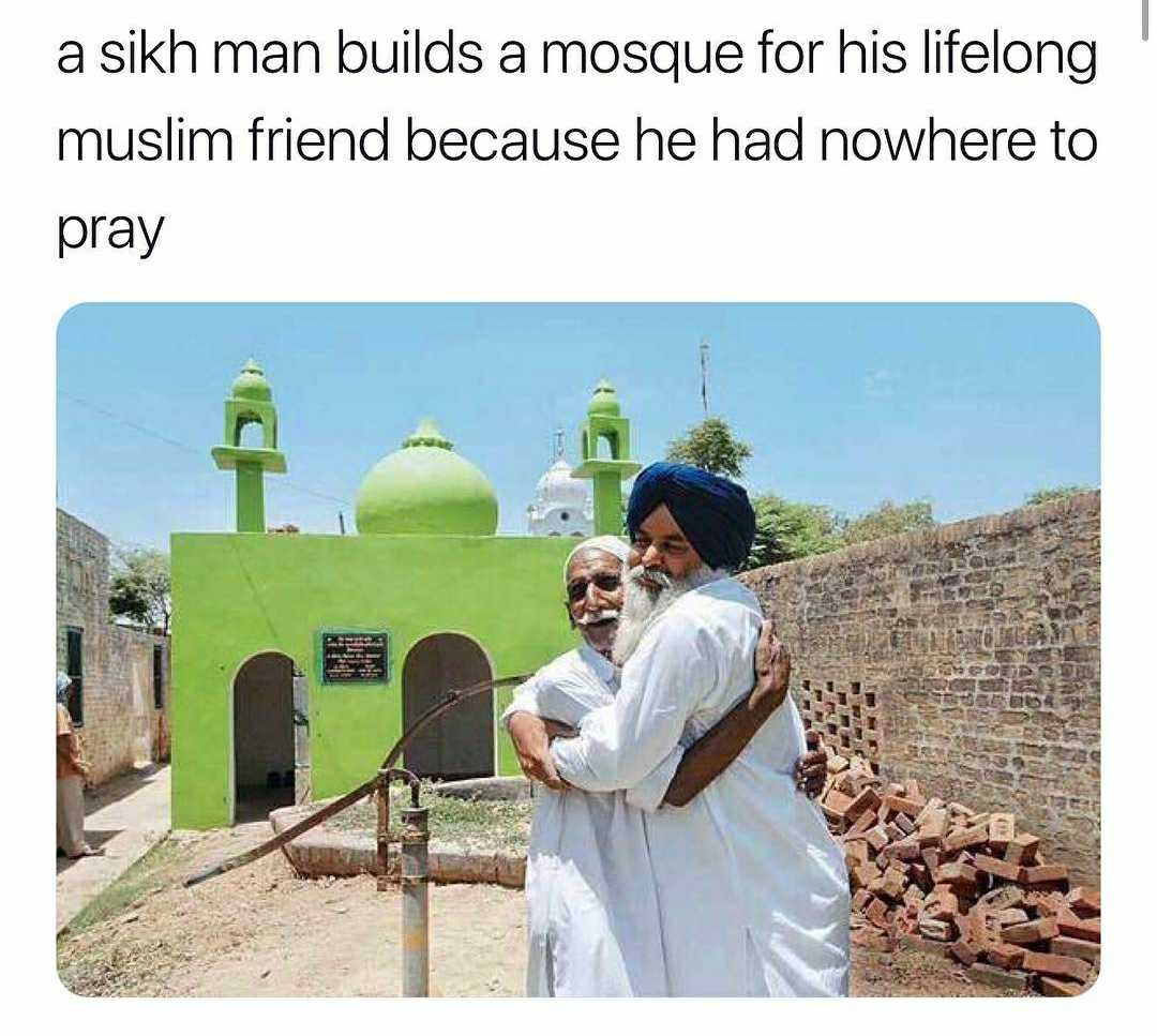 muslim man hugging a mosque for his lifelong muslim friend because he had nowhere to pray